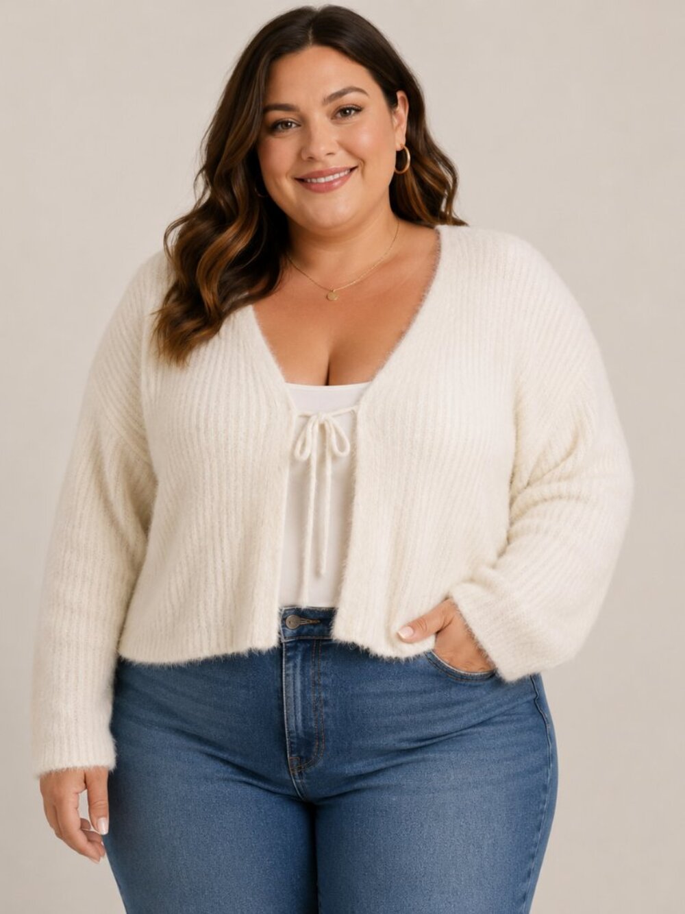 Cato Size 22 24 White Tie Front Open Crop Cozy Fuzzy Eyelash Cardigan Sweater